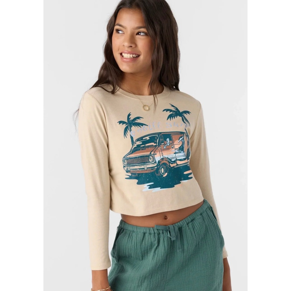 O'Neill Surf XL 100% Cotton Jersey Crop Top Long Sleeve Retro Van Palm Tree NWT